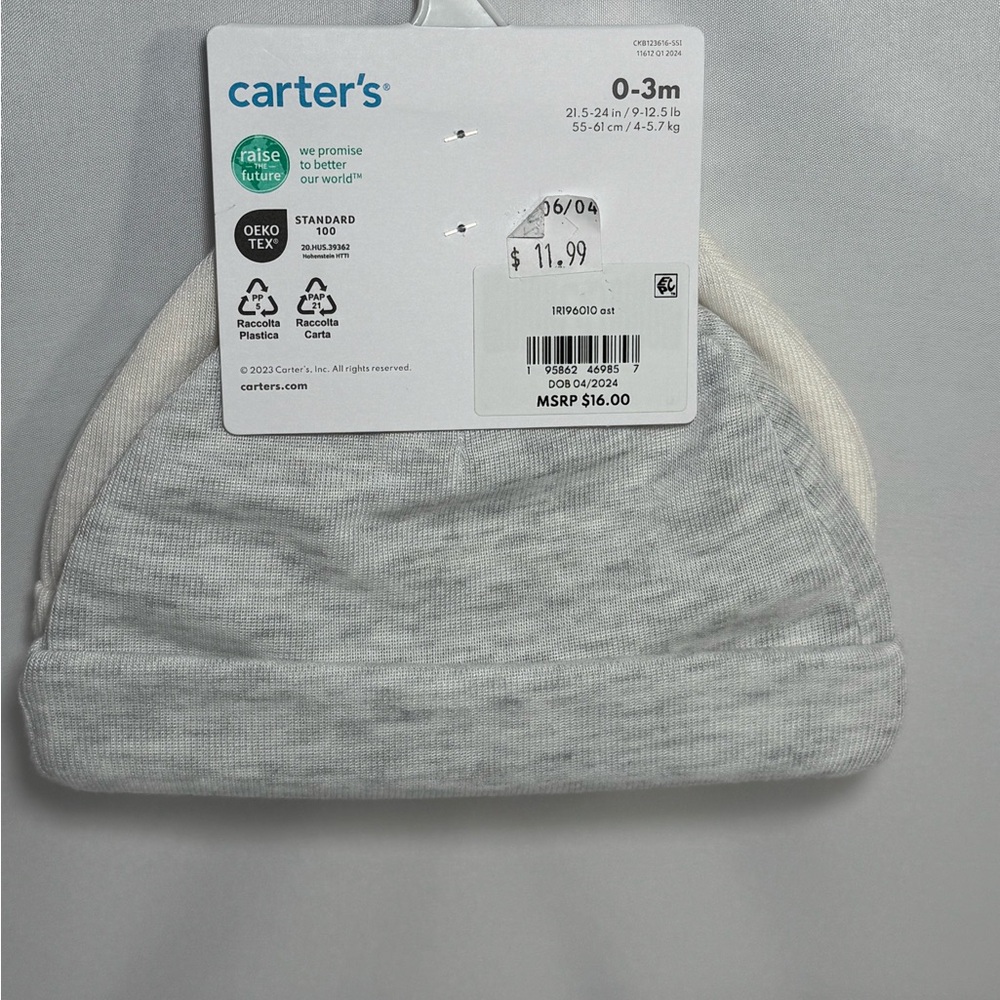 Carter's light gray and solid white Baby Hat set